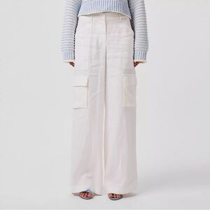 LoveShackFancy Pora 100% Linen Cargo Trousers White Wide-Leg Pants Size 00